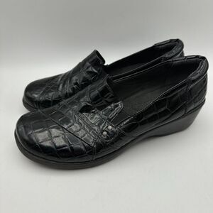 Clarks Collection‎ Esha Essy Comfort Shoes Womens 7.5 Black Croc Print Slip On